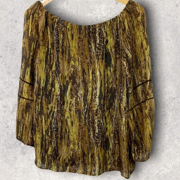 ANTHROPOLOGIE Love Sam Silk and Leather Bohemian Printed Brown Yellow Black S - Picture 2 of 14